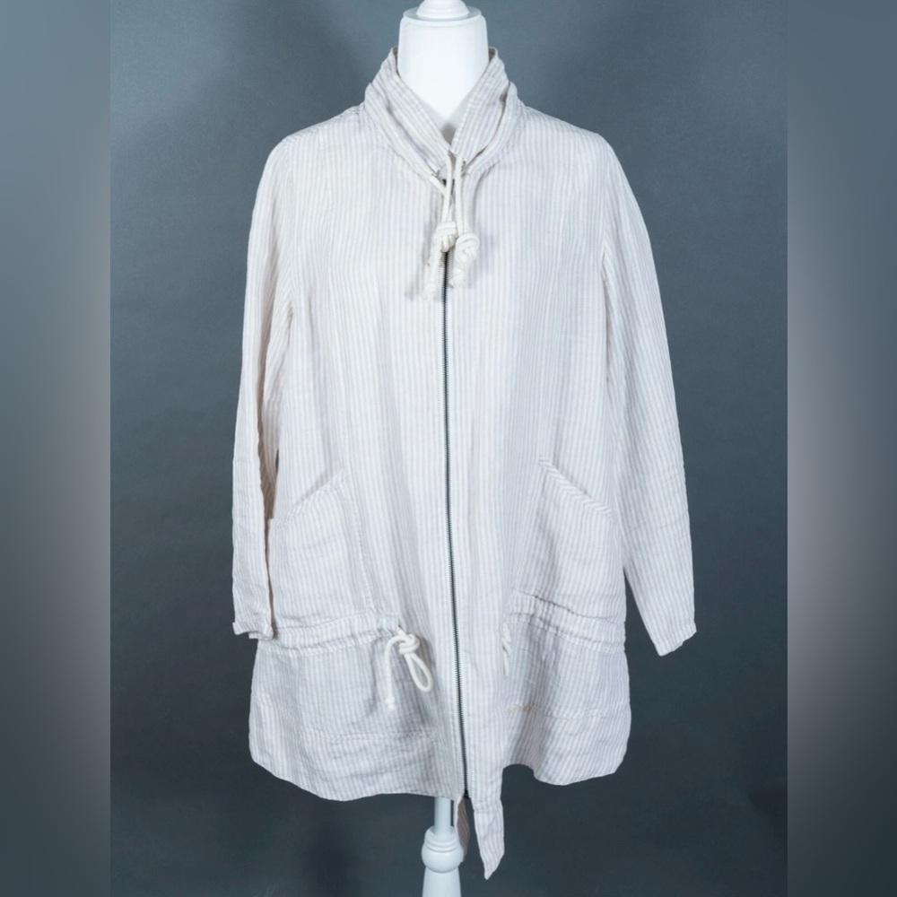 Soft Surroundings Striped 100% Linen Zip Jacket Drop Waist Drawcord Beige, XL